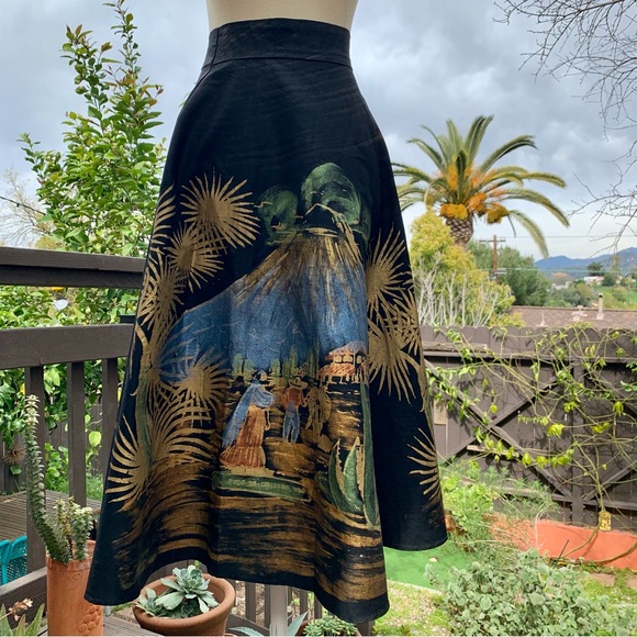 VINTAGE Mexican 1950s Black & Metallic Hand Painted Souvenir Circle Midi Skirt - Picture 2 of 11